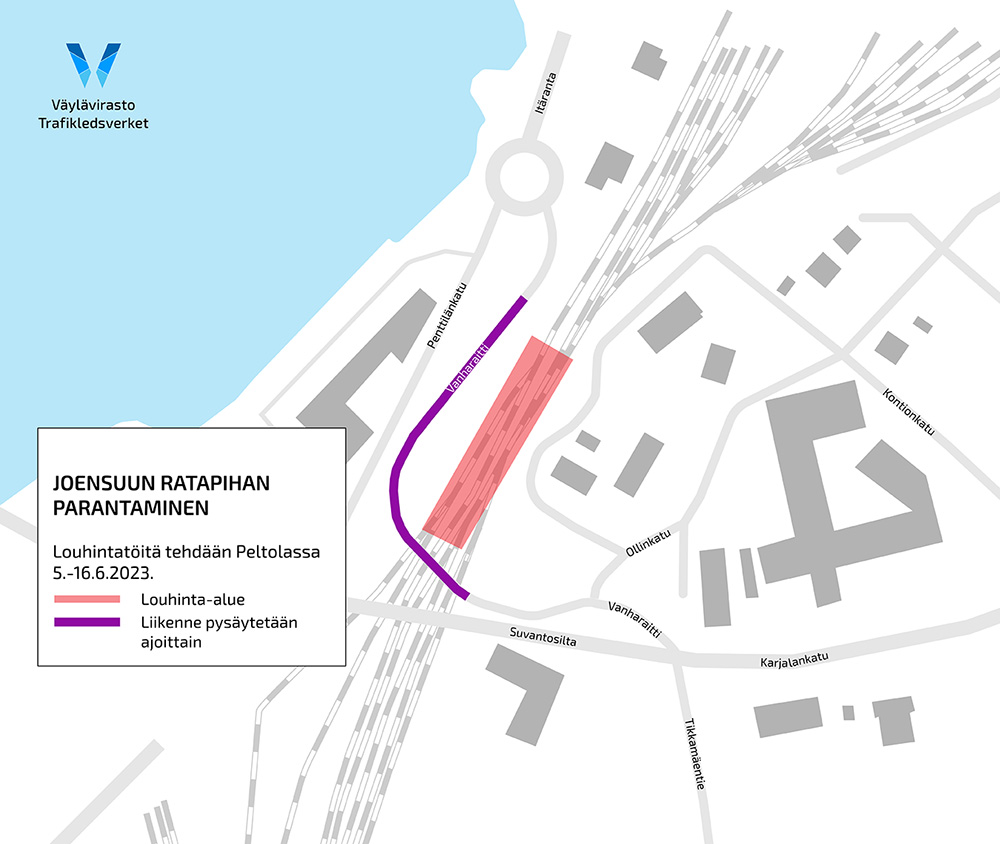 Kartta: liikenne pysäytetään Vanharaitilla. Louhinta-alue on tien vieressä.